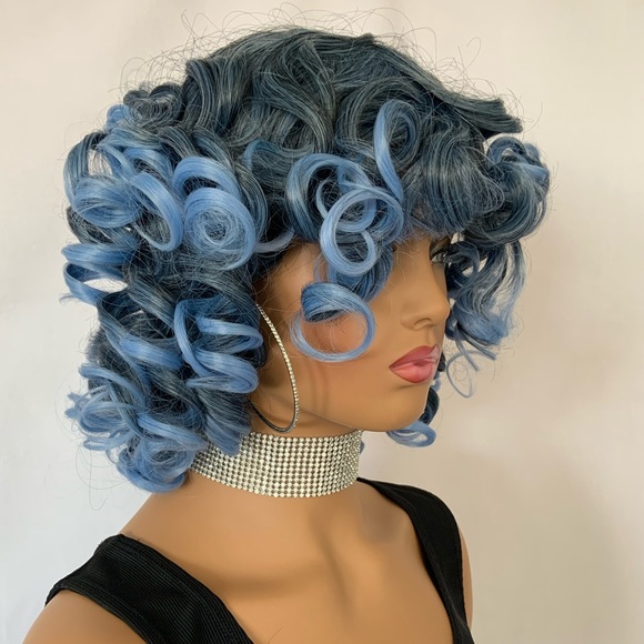 Curly Black & Pale Blue “Put On & Go” Premium Fiber Wig for Daily Wear or Events - Picture 6 of 9